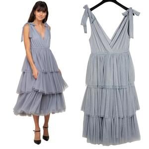 NWT Pink Blush In Bloom Grey Dot Tulle Tiered Deep V Midi Dress M